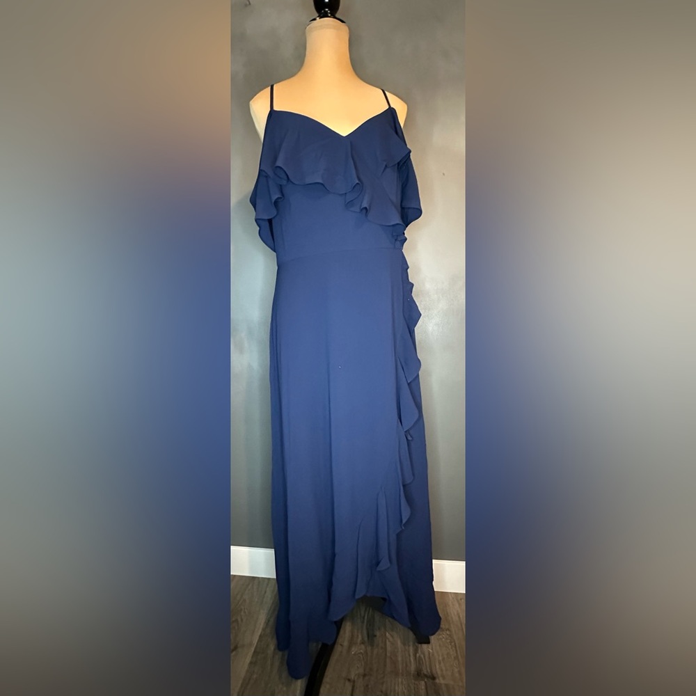 London Times Navy Ruffle Off the Shoulder Maxi Dress
